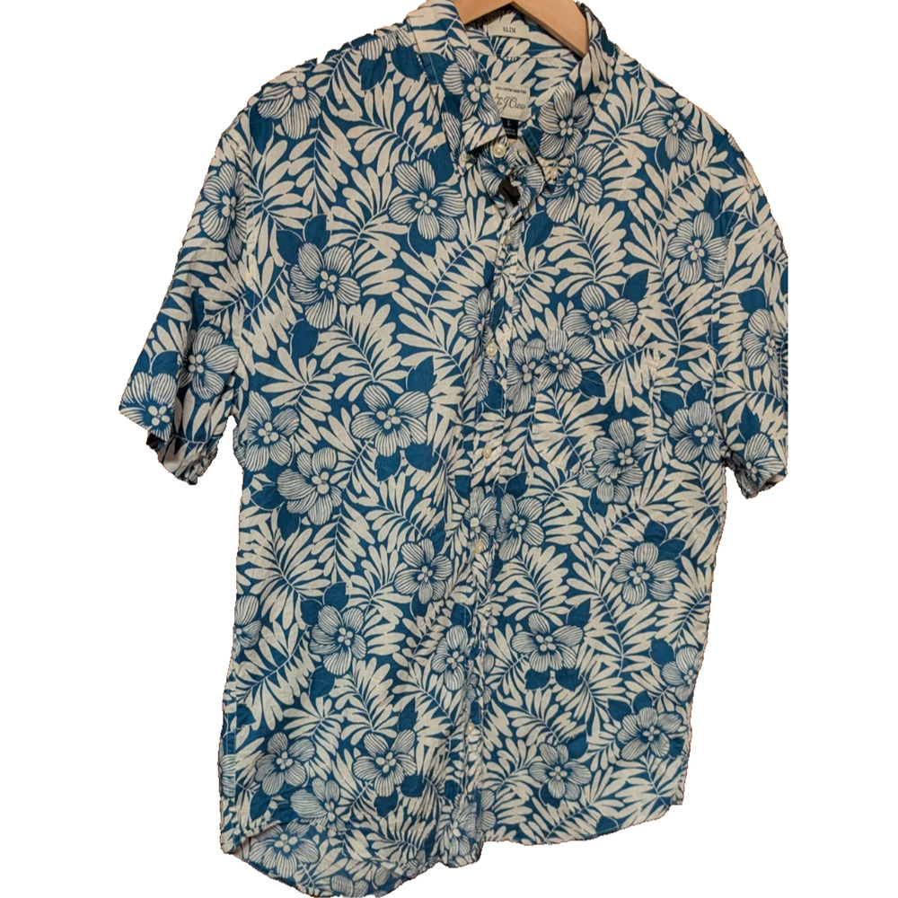 J.CREW Men's Shirt Blue Floral Slim Fit Short Sleeve Button-Up‎ Shirt LARGE